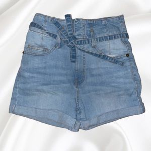 High Waisted Washed Denim Shorts